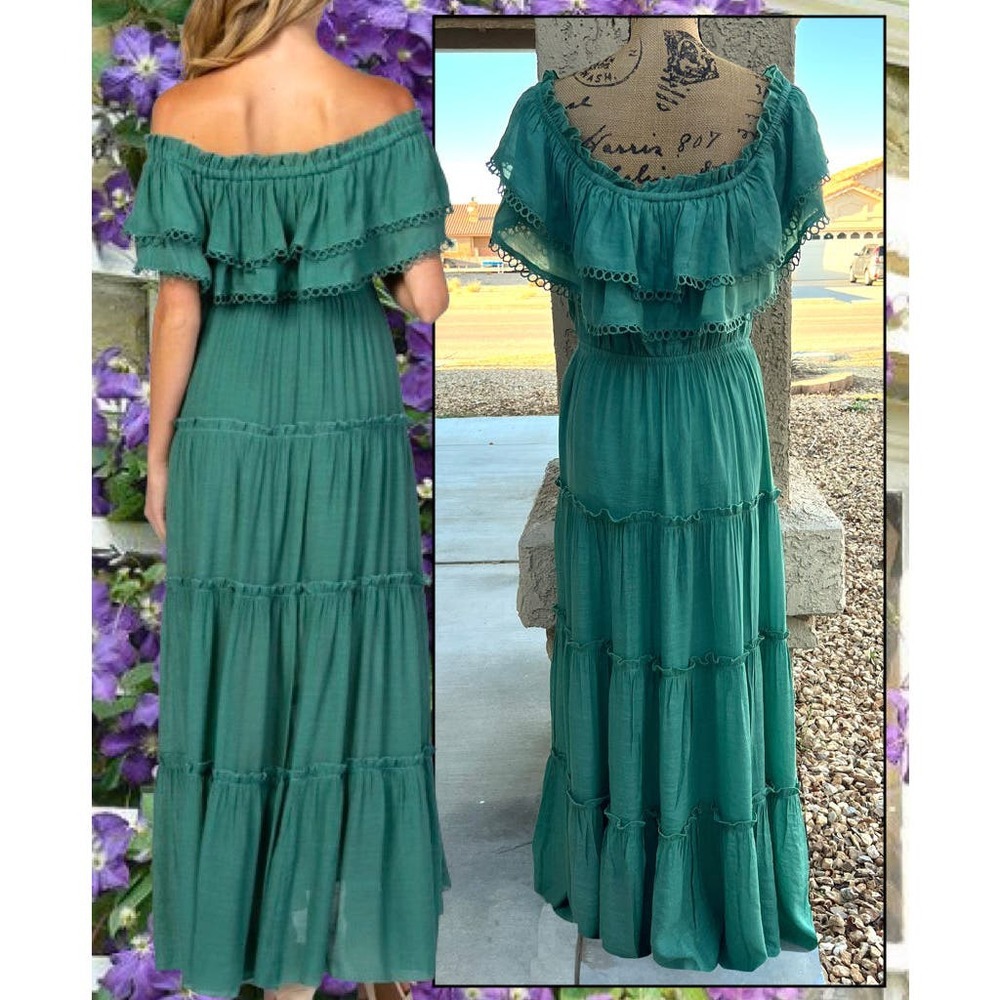 PinkBlush Green Off Shoulder Eyelet Tiered Maternity  or Everyday Dress Size L - Picture 6 of 9